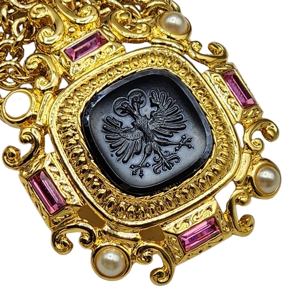 Vintage MVH Michaela Von Habsburg Necklace Brooch Coat of Arms Crest Rhinestone - Picture 4 of 5